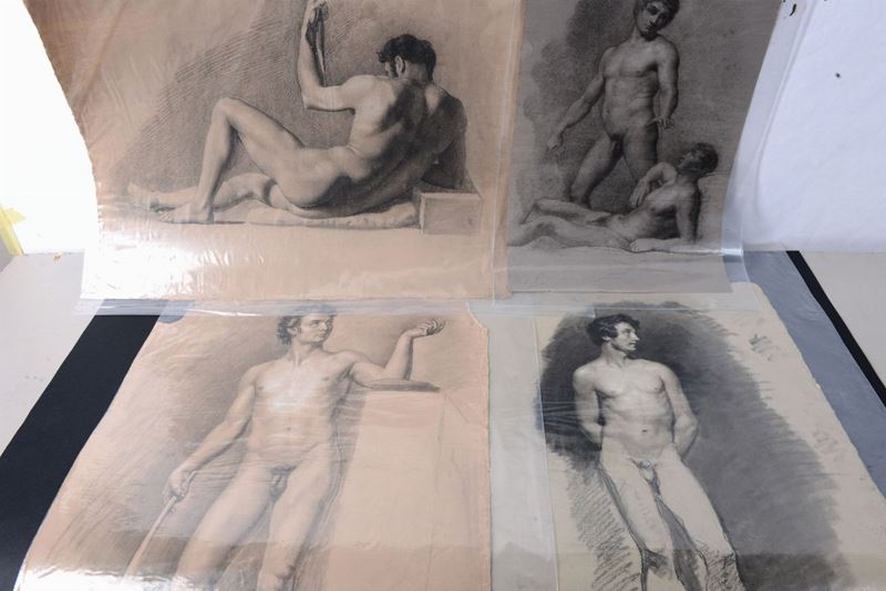 Lotto composto da quattro disegni su carta raffiguranti nudi maschili, XIX secolo  - Asta Asta a Tempo Dipinti e Disegni - I - Cambi Casa d'Aste