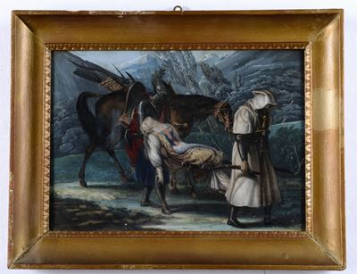 Bella Stampa Acquarellata “soggetto Romantico”, in Cornice Dell’epoca, XIX Secolo