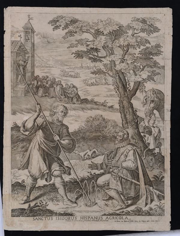 Sanctus Isidorus Hispanus Agricola”, grande e rara stampa del XVI secolo, stampata in Roma da Vincenzo Billi