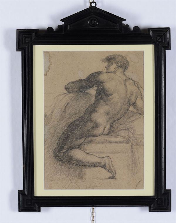 Disegno, da Michelangelo. In cornice ad edicola del XIX secolo Studio di nudo cm 33x24
