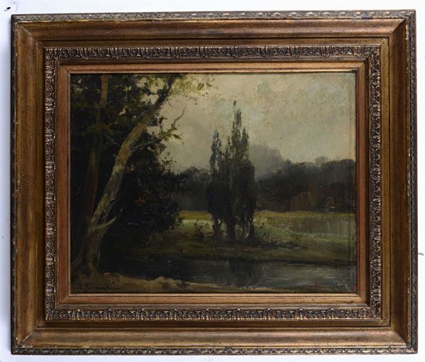 Alfonso Corradi (Castelnovo di Sotto, Reggio Emilia 1889- Milano 1972) Paesaggio con alberi e fiume