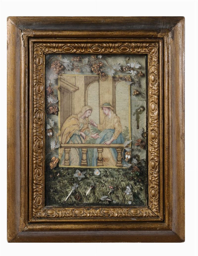 Antico ricamo in seta, raffigurante la “Visitazione”, in cornice  - Auction Fine Art - I - Cambi Casa d'Aste