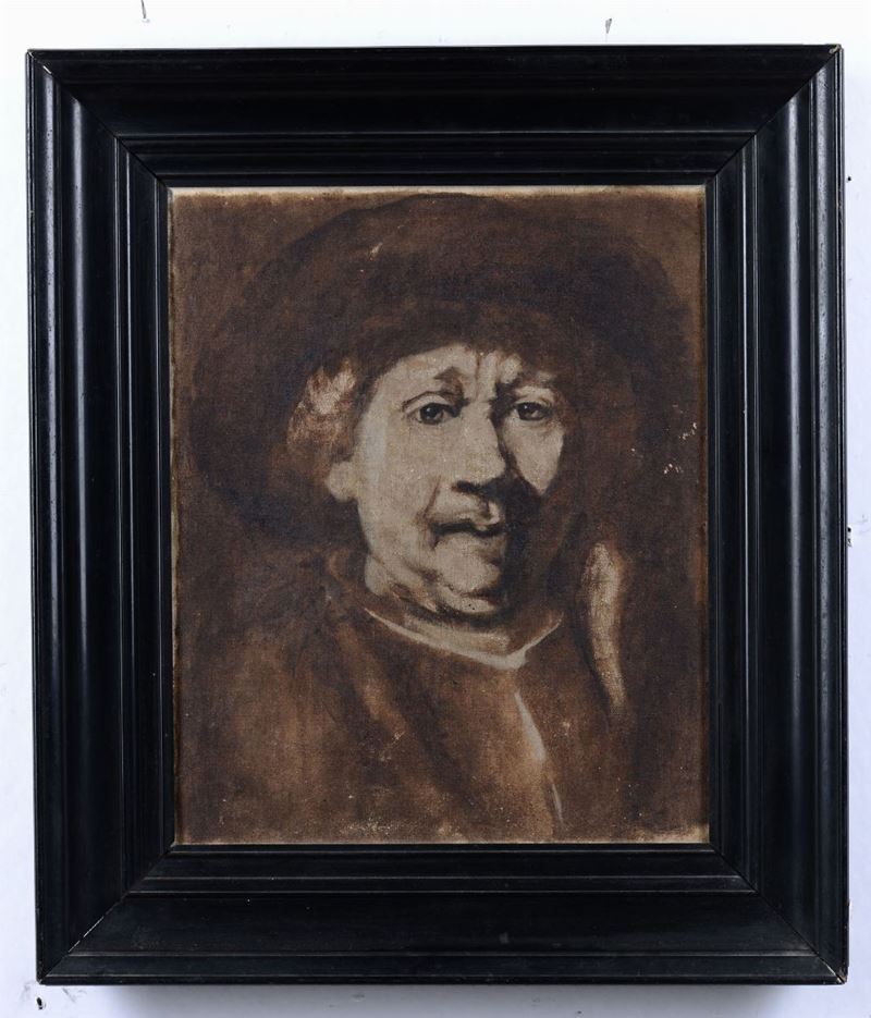 Seguace di Rembrandt van Rijn Autoritratto di Rembrandt in monocromo  - Asta Dipinti e Arredi - Cambi Casa d'Aste