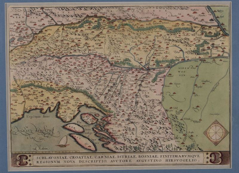 Abraham Ortelius (Anversa 1528-1598) Schiavoniae, Croatiae,Carniae, Istriae, Bosniae finitimarumque regionum nova descriptio  - Asta Asta a Tempo Stampe - II - Cambi Casa d'Aste