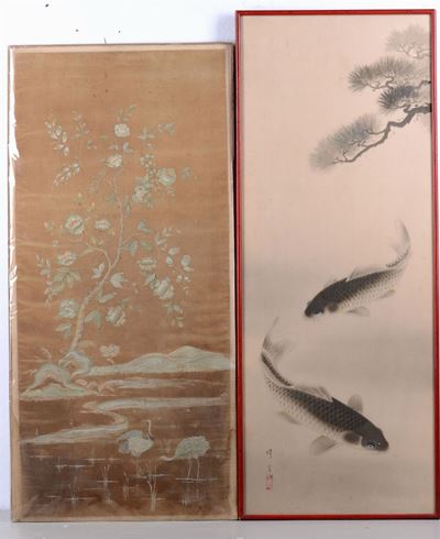 Due Pannelli Dipinti Raffiguranti “carpe e Alberi” e “paesaggio con Fiori a Gru”, Cina XX Secolo