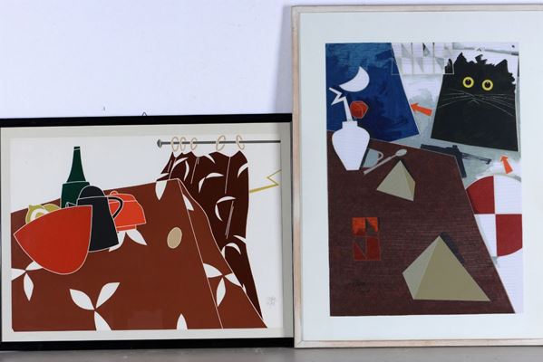 Emilio Tadini (1927-2002) Composizione con gatto ed elementi geometric