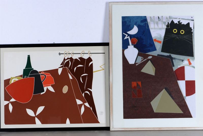 Emilio Tadini (1927-2002) Composizione con gatto ed elementi geometric  - Asta Asta a Tempo Dipinti e Disegni - I - Cambi Casa d'Aste