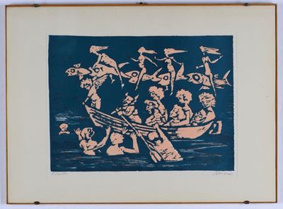 Mino Maccari (1898-1989)fantasia con Barca, Donne e Pesci