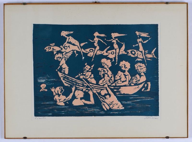 Mino Maccari (1898-1989) Fantasia con barca, donne e pesci  - Asta Asta a Tempo Dipinti e Disegni - I - Cambi Casa d'Aste