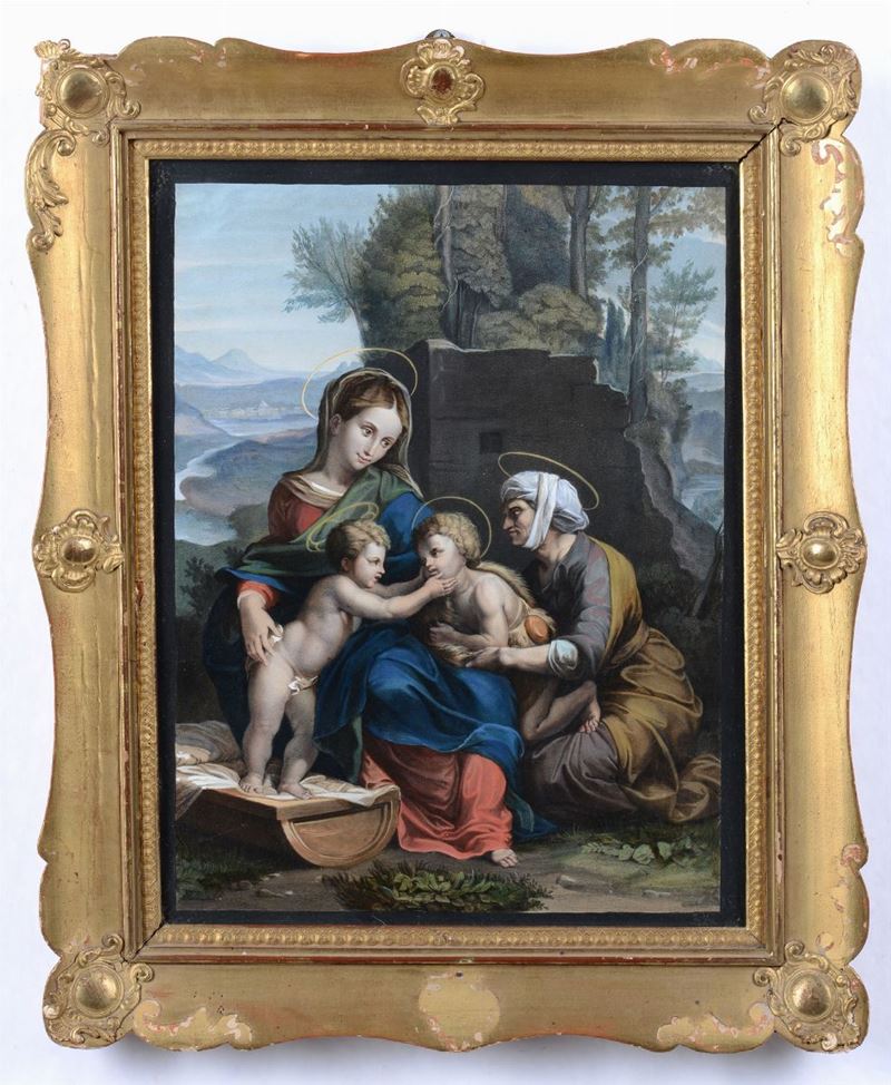 Litografia acquarellata raffigurante Madonna con Bambinello e San Giovannino, da Raffaello, XIX secolo  - Auction Prints Timed Auction - II - Cambi Casa d'Aste