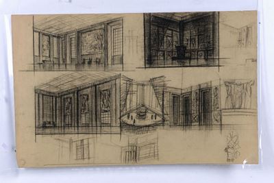 Anni'30. Foglio di Grandi Dimensioni con Studi su Entrambi i Lati, Rappresentati Edifici, Mascher...