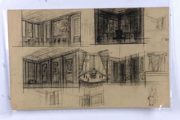 Foglio di grandi dimensioni con studi su entrambi i lati, rappresentati edifici, mascherone, interni ecc.  anni  “30
