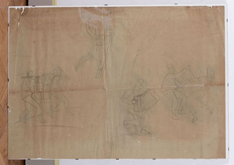 Gio Ponti (?) Grande lucido da spolvero, Italia anni'30. Probabilmente da un disegno di Gio’ Ponti. Lavori in campagna  - Asta Asta a Tempo Dipinti e Disegni - I - Cambi Casa d'Aste