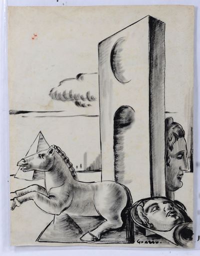 Grazio Orsetti (milano 1898-sanremo 1979)soggetto Metafisico con Teste Classiche e Cavallo