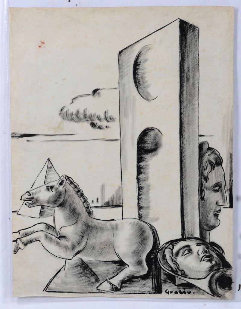 Grazio Orsetti (Milano 1898-Sanremo 1979) Soggetto metafisico con teste classiche e cavallo, anni’30  - Auction Paintings and Furnitures - Cambi Casa d'Aste
