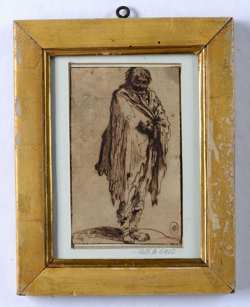 Jaques Callot (1592-1635), attribuito a Figura di mendicante  - Asta Asta a Tempo Dipinti e Disegni - I - Cambi Casa d'Aste