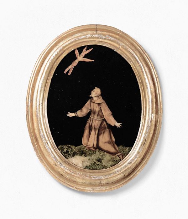 San Francesco che riceve le stimmate Commesso marmi colorati entro cornice ovale modanata e dorata Arte italiana Firenze XVII-XVIII secolo