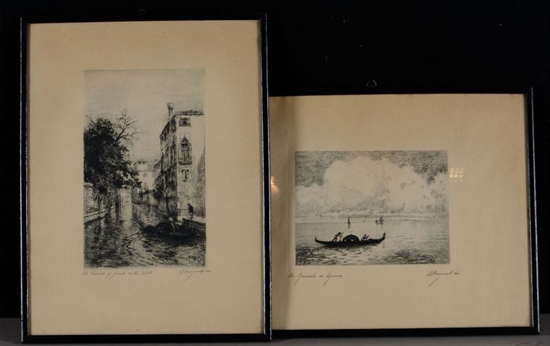 Emanuele Brugnoli (Bologna 1859- Venezia 1944) “Gondola in laguna” e “Canale al ponte de la Late”  - Asta Asta a Tempo Stampe - II - Cambi Casa d'Aste