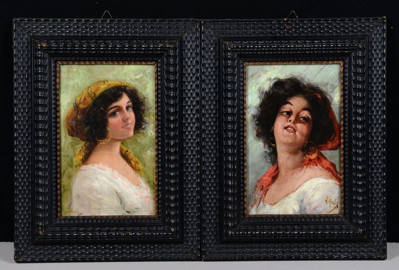 Coppia di ritratti femminili, XIX-XX secolo  - Asta Asta a Tempo Dipinti e Disegni - I - Cambi Casa d'Aste
