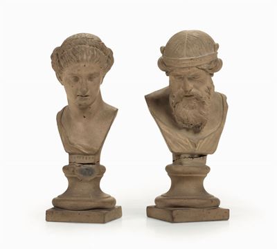 Coppia di Bustini in Terracotta Raffiguranti Figura Femminile e Figura Maschile con Barba, XIX Se...
