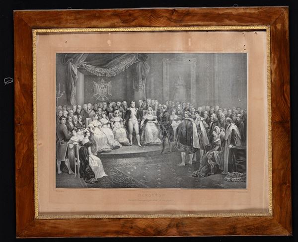 Coppia di grandi stampe raffiguranti i generali di Napoleone e la corte di Napoleone, XIX secolo