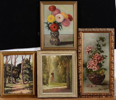 Lotto di Due Paesaggi F.pizzanelli, Angolo del Giardino Scotto a Pisa, e Due Nature Morte