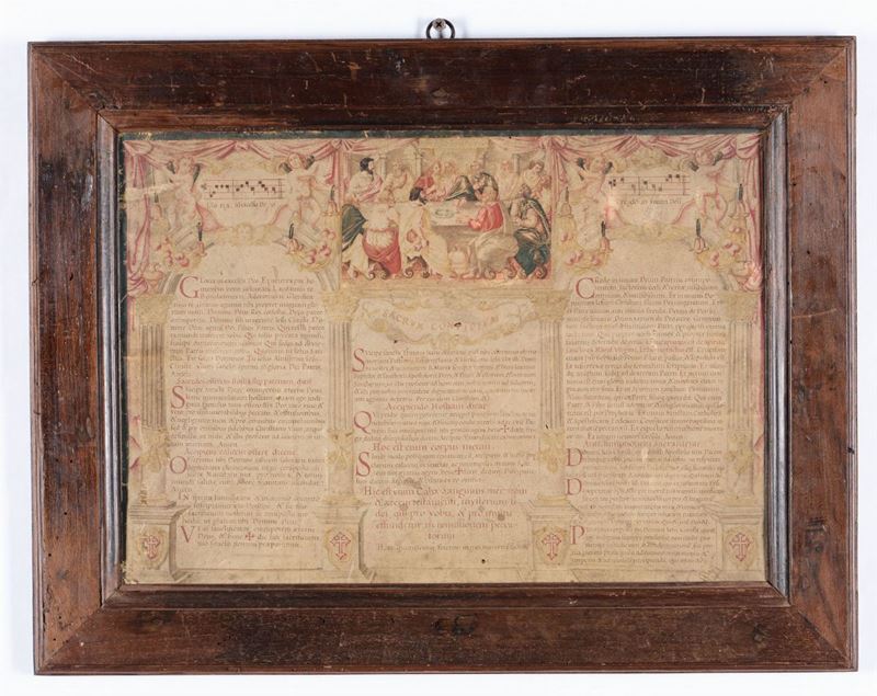 Pagina miniata con Ultima Cena e putti entro cornice, XVI secolo  - Auction Fine Art - I - Cambi Casa d'Aste