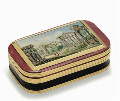 Scatola in Oro e Pietre Dure con Veduta di Rovine Romane a Micro Mosaico. Roma XIX Secolo
