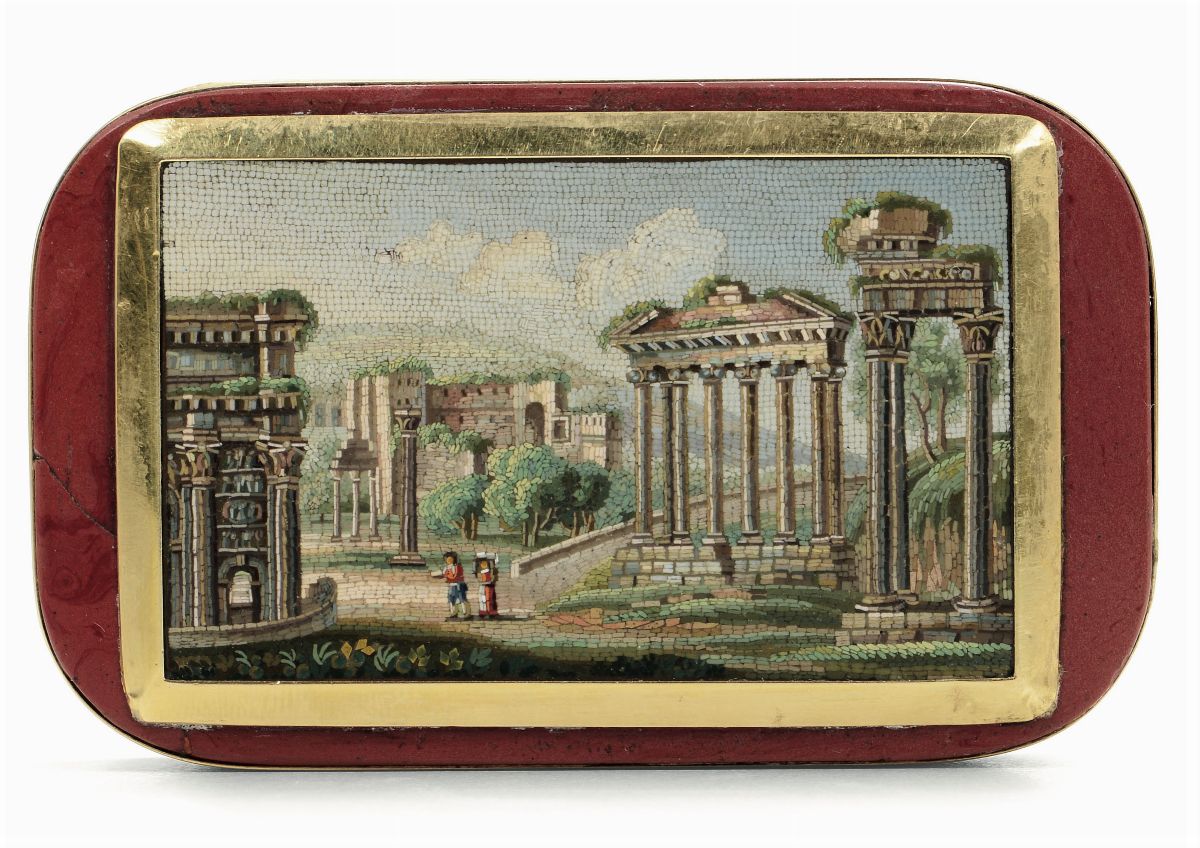 Scatola in Oro e Pietre Dure con Veduta di Rovine Romane a Micro Mosaico. Roma XIX Secolo