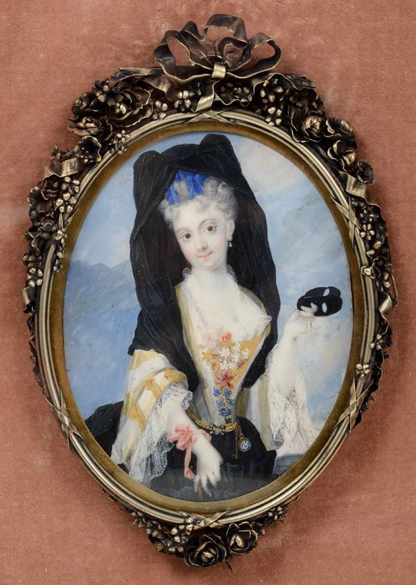 Rosalba Carriera (1673-1757) Miniatura su avorio raffigurante dama con maschera