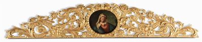 Testiera di Letto in Legno Intagliato e Dorato con Dipinto Centrale Raffigurante Madonna, XVIII-X...