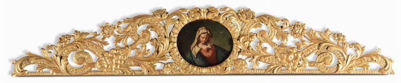Testiera di letto in legno intagliato e dorato con dipinto centrale raffigurante Madonna, XVIII-XIX secolo  - Asta Antiquariato - I - Cambi Casa d'Aste