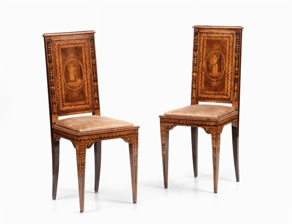 Coppia di sedie intarsiate in stile Maggiolini, XIX-XX secolo