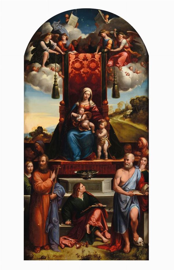 Pittore del XIX secolo Madonna in trono con angeli e santi
