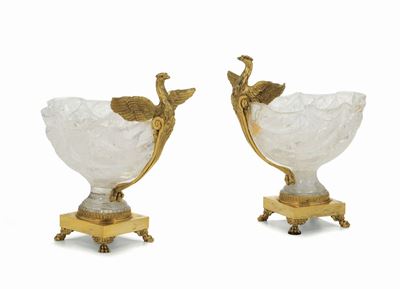 Coppia di Coppe di Cristallo di Rocca con Montatura in Bronzo Dorato, XIX Secolo