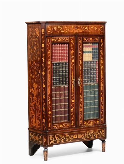 Libreria a Due Ante Intarsiata con Legno di Frutto, Olanda XIX Secolo