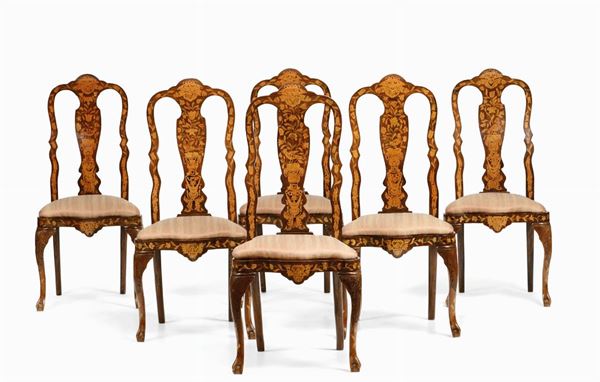 Sei sedie intarsiate in legni di frutto, Olanda XIX secolo