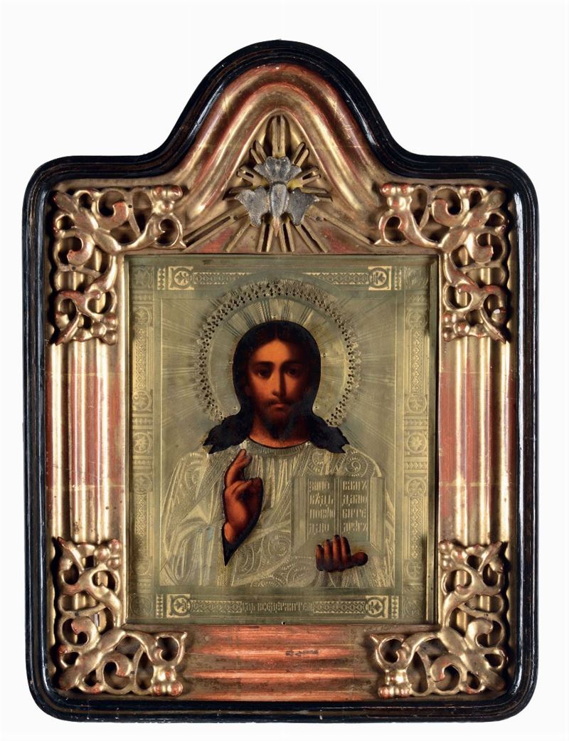 Icona raffigurante Cristo Pantocratore entro cornice in bronzo dorato, Russia XIX secolo  - Auction Fine Art - I - Cambi Casa d'Aste