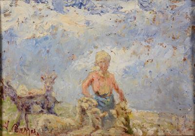 Leonardo Bazzaro (1853-1937)pastorella con Capre e Pecore