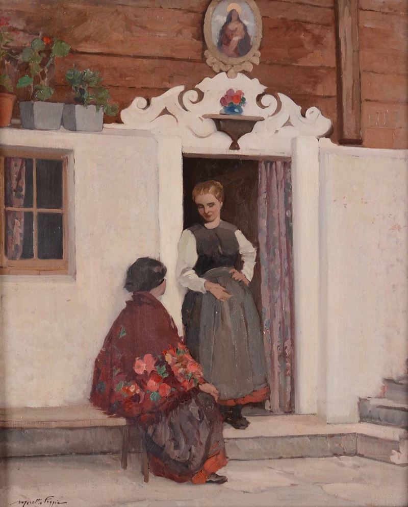 Mario Moretti Foggia (1882-1954) Donne sulla porta  - Asta Dipinti del XIX e XX secolo - Cambi Casa d'Aste