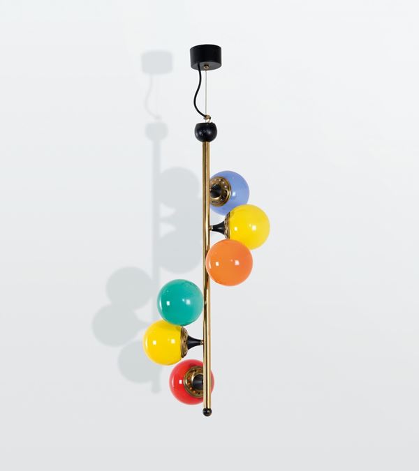 Stilnovo, a hanging lamp with a brass structure and coloured opaline glass shades. Stilnovo Prod., Italy, 1950 ca.