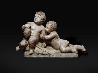 Due Putti che Giocano Marmo Bianco Arte Barocca Italiana del XVII Secolo