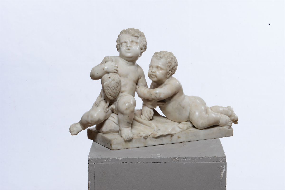Due Putti che Giocano Marmo Bianco Arte Barocca Italiana del XVII Secolo