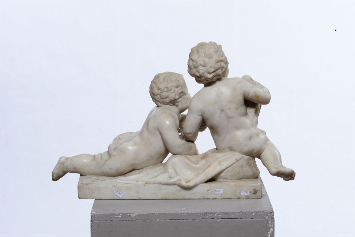 Due Putti che Giocano Marmo Bianco Arte Barocca Italiana del XVII Secolo