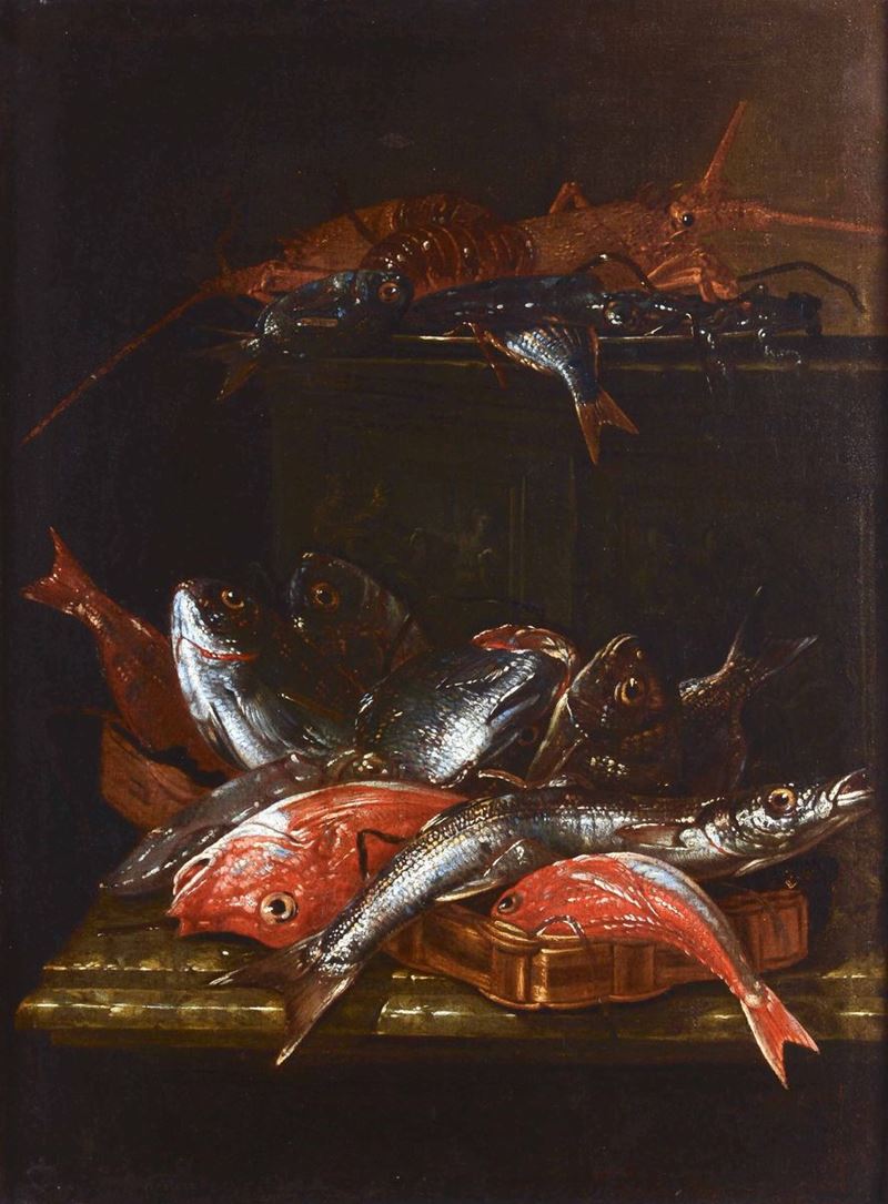 Giuseppe Recco (Napoli 1634 - Alicante 1695) Natura morta con pesci  - Asta Dipinti Antichi - Cambi Casa d'Aste