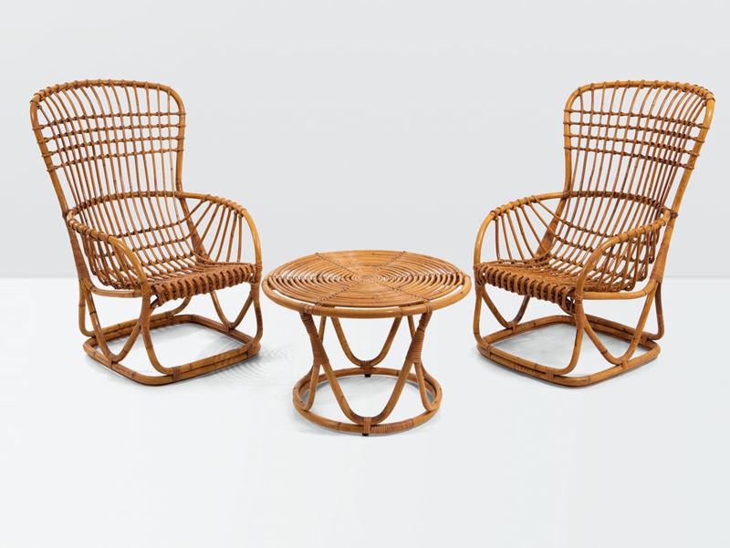 Tito Agnoli, a set of wicker furniture made up by two chairs and a table. Bonacina Prod., Italy, 1960 ca.  - Auction Design 200 - Cambi Casa d'Aste