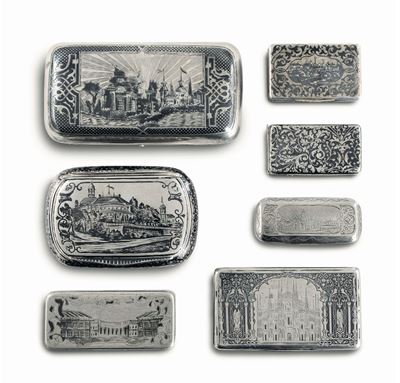 Gruppo di Sette Scatoline in Argento e Nielli. Cinque Varie Bollature Russe del XIX e XX Secolo, ...