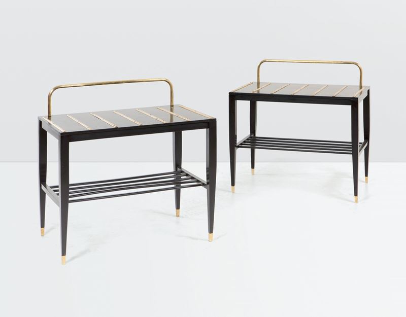 Gio Ponti, a pair of luggage racks in ebonised wood with brass details. Part of the furnishings of the Hotel Royal in Naples. Gio Ponti Archives certificate of authenticity. Italy, 1950 ca.  - Auction Design 200 - Cambi Casa d'Aste