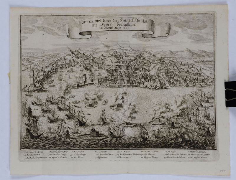 Anonimo Veduta della città di Genova durante il bombardamento del 1684 da parte della flotta francese. Incisione realizzata in ambito tedesco, fine del secolo XVII  - Asta Vedute, Carte e Libri Rari - Cambi Casa d'Aste