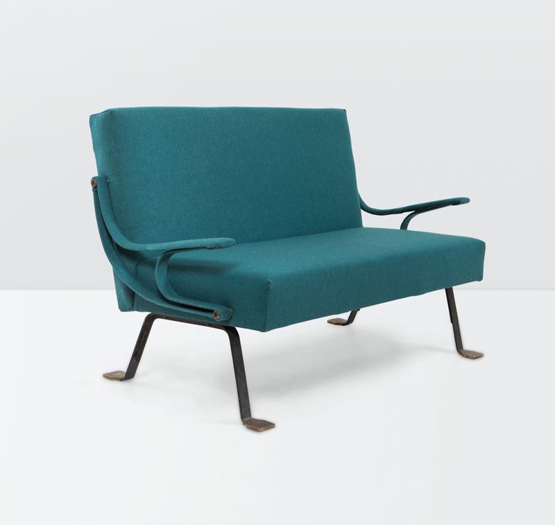 Ignazio Gardella, a Digamma sofa in enameled steel with a rubber padding on elastic strips, fabric upholstery and brass details. Gavina Prod., Italy, 1957  - Auction Design 200 - Cambi Casa d'Aste